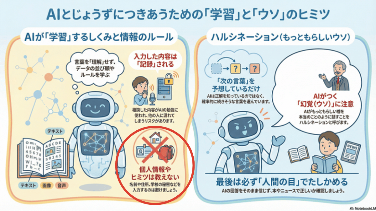 AIが学習する仕組みと、ハルシネーション(もっともらしいウソ)に注意することを図解した講座スライド