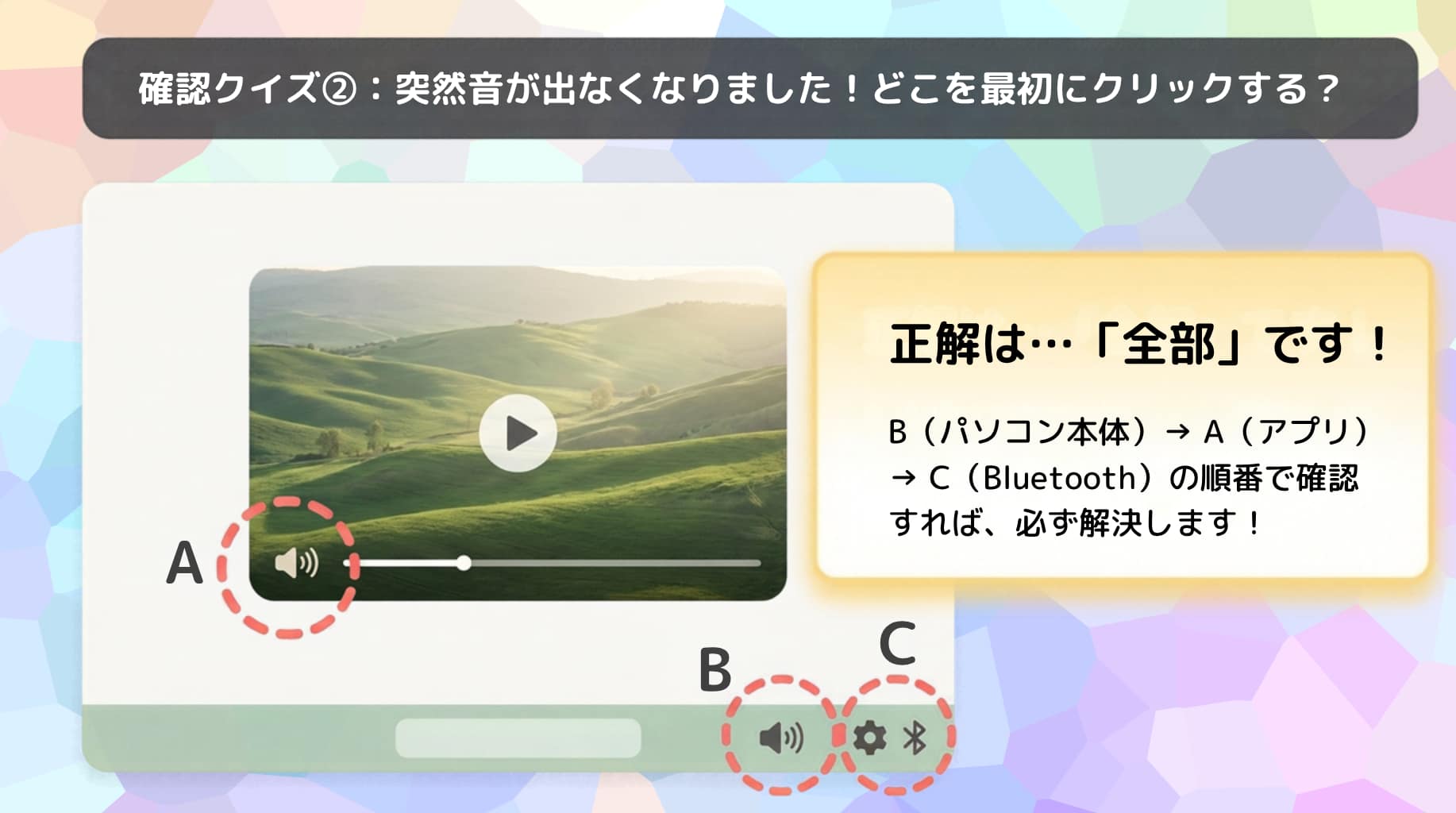 確認クイズ②の正解は「全部」。パソコン本体→アプリ→Bluetoothの順に確認する