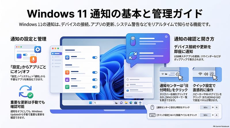 Windows 11の通知の基本と管理方法を説明するガイド画像