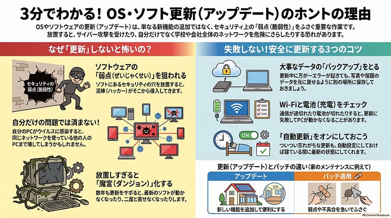 OS・ソフト更新をしないと危険な理由と、安全に更新する3つのコツを説明するインフォグラフィック